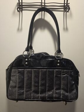 Lux De Ville Black Patent Vinyl Handbag Leopard Lining Rockabilly Retro Purse